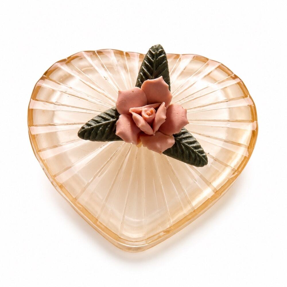 Vtg Peach Pink Frosted Glass Fluted Heart Trinket Dish 3D Rose Flower Lid